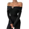 image:imageMakeMeChic Womens Elegant Off The Shoulder Tops Metallic 3D Floral Shirt Long Sleeve Bodysuit LeotardBlack
