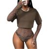 image:imageMakeMeChic Womens Floral Lace Tee Bodysuit Long Sleeve Crew Neck Sheer Leotard Tee TopsKhaki