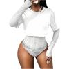image:imageMakeMeChic Womens Floral Lace Tee Bodysuit Long Sleeve Crew Neck Sheer Leotard Tee TopsWhite