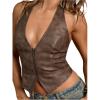image:imageMakeMeChic Womens PU Leather Lace Up Halter Top Open Back Zip Up Fall Cowboy Chic Crop Tank TopsBrown