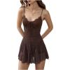 image:imageMakeMeChic Womens Polka Dots Mini Dress Lace V Neck Tie Front Leopard Print Short Dresses Party Club Rave OutfitsCoffee Brown