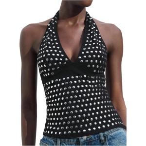 image:imageMakeMeChic Womens Backless Halter Tops Rave Deep V Neck Rivet Party Going Out Tank TopsBlack