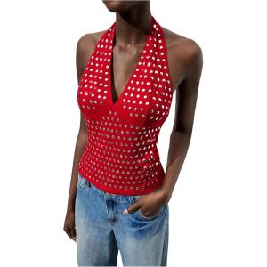 image:imageMakeMeChic Womens Backless Halter Tops Rave Deep V Neck Rivet Party Going Out Tank TopsRed