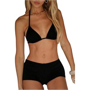 image:imageMakeMeChic Womens Bikini with Shorts Striped Bikini Set Halter Triangle Tie Backless Y2K SwimsuitBlack