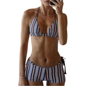 image:imageMakeMeChic Womens Bikini with Shorts Striped Bikini Set Halter Triangle Tie Backless Y2K SwimsuitMulticolor