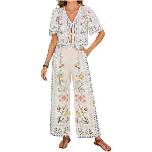 image:imageMakeMeChic Womens Boho 2 Piece Outfit Floral V Neck Ruffle Sleeve Tie Front Blouse and Pants SetApricot