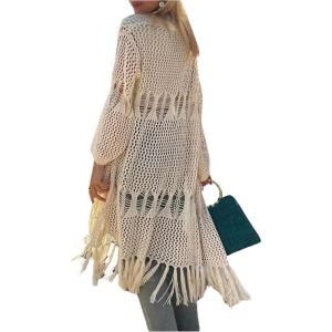 image:imageMakeMeChic Womens Boho Tops Crochet Long Cardigan Sweater Tassel Long Sleeve Hollow Out Fall OutfitsApricot