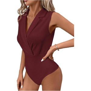 image:imageMakeMeChic Womens Collared Bodysuits Wrap V Neck Sleeveless Dressy Business Casual Blouse TopsBurgundy