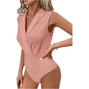 image:imageMakeMeChic Womens Collared Bodysuits Wrap V Neck Sleeveless Dressy Business Casual Blouse TopsPink