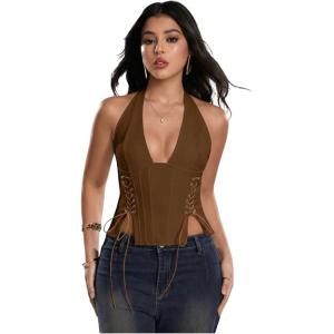 image:imageMakeMeChic Womens Corset Halter Tops Y2K Going Out Lace Up Tops Gothic Cowgirl Crop TopsBrown