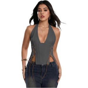 image:imageMakeMeChic Womens Corset Halter Tops Y2K Going Out Lace Up Tops Gothic Cowgirl Crop TopsDark Grey