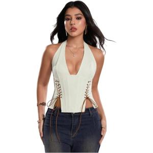 image:imageMakeMeChic Womens Corset Halter Tops Y2K Going Out Lace Up Tops Gothic Cowgirl Crop TopsWhite
