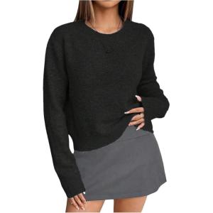 image:imageMakeMeChic Womens Cropped Pullover Sweater Crew Neck Long Sleeve Lightweight Knit Cozy SweatersBlack