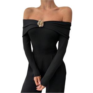 image:imageMakeMeChic Womens Elegant Off The Shoulder Tops Metallic 3D Floral Shirt Long Sleeve Bodysuit LeotardBlack