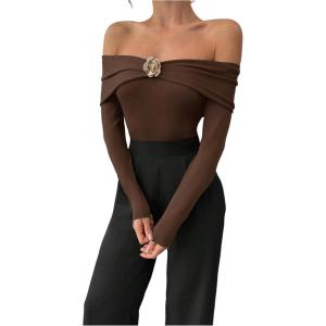 image:imageMakeMeChic Womens Elegant Off The Shoulder Tops Metallic 3D Floral Shirt Long Sleeve Bodysuit LeotardCoffee Brown