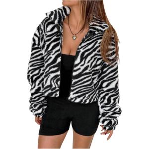 image:imageMakeMeChic Womens Faux Fur Jacket Leopard Print Fuzzy Full Zip Long Sleeve Y2k CoatsBlack and White