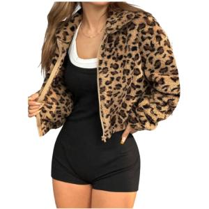image:imageMakeMeChic Womens Faux Fur Jacket Leopard Print Fuzzy Full Zip Long Sleeve Y2k CoatsBrown