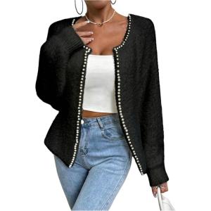 image:imageMakeMeChic Womens Faux Fur Pearl Fuzzy Cardigan Sweater Open Front Long Sleeve OuterwearBlack