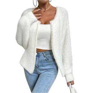 image:imageMakeMeChic Womens Faux Fur Pearl Fuzzy Cardigan Sweater Open Front Long Sleeve OuterwearWhite