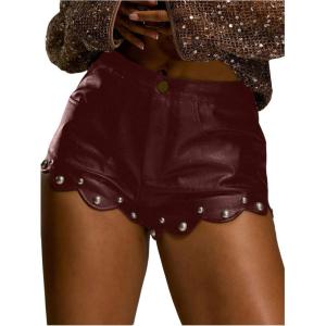 image:imageMakeMeChic Womens Faux Leather Micro Shorts Low Waist Rivet Scallop Party Night Out ShortsBurgundy