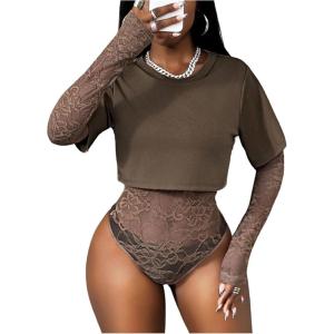image:imageMakeMeChic Womens Floral Lace Tee Bodysuit Long Sleeve Crew Neck Sheer Leotard Tee TopsKhaki
