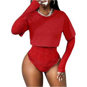 image:imageMakeMeChic Womens Floral Lace Tee Bodysuit Long Sleeve Crew Neck Sheer Leotard Tee TopsRed