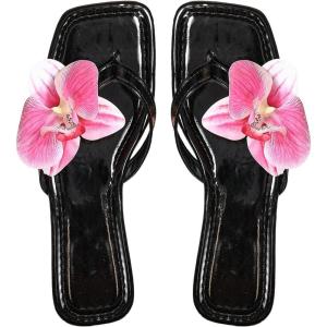 image:imageMakeMeChic Womens Flower Flat Sandals Square Toe Flip Flops Summer Beach Slippers Thong SandalBlack