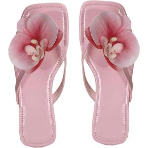 image:imageMakeMeChic Womens Flower Flat Sandals Square Toe Flip Flops Summer Beach Slippers Thong SandalPink