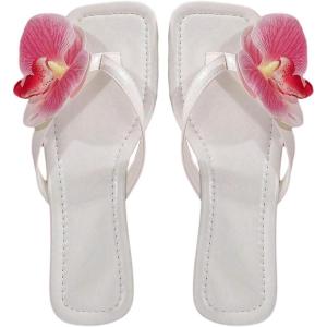 image:imageMakeMeChic Womens Flower Flat Sandals Square Toe Flip Flops Summer Beach Slippers Thong SandalWhite