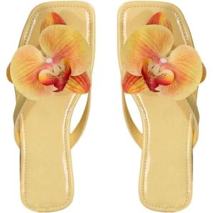 image:imageMakeMeChic Womens Flower Flat Sandals Square Toe Flip Flops Summer Beach Slippers Thong SandalYellow