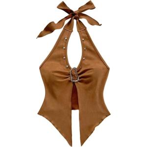 image:imageMakeMeChic Womens Halter Tops Cowboy Chic Studded Suede Tie Backless Fall Crop TopsCoffee Brown