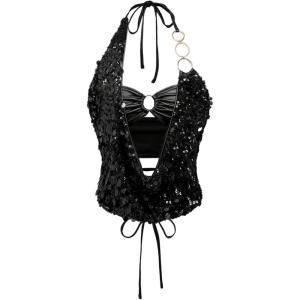 image:imageMakeMeChic Womens Metallic Glitter Sequin Halter Top Ring Linked Summer Y2K Party Tops ClubwearBlack