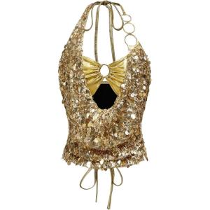 image:imageMakeMeChic Womens Metallic Glitter Sequin Halter Top Ring Linked Summer Y2K Party Tops ClubwearGold