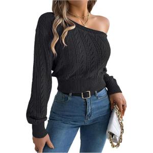 image:imageMakeMeChic Womens One Shoulder Tops Sweater Long Sleeve Lightweight Pullover Jumper TopBlack