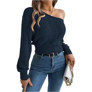 image:imageMakeMeChic Womens One Shoulder Tops Sweater Long Sleeve Lightweight Pullover Jumper TopBlue