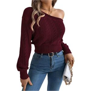 image:imageMakeMeChic Womens One Shoulder Tops Sweater Long Sleeve Lightweight Pullover Jumper TopBurgundy