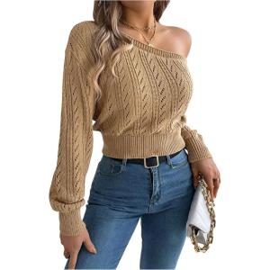 image:imageMakeMeChic Womens One Shoulder Tops Sweater Long Sleeve Lightweight Pullover Jumper TopKhaki