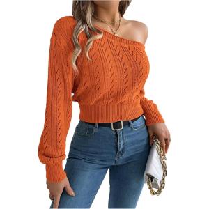 image:imageMakeMeChic Womens One Shoulder Tops Sweater Long Sleeve Lightweight Pullover Jumper TopOrange