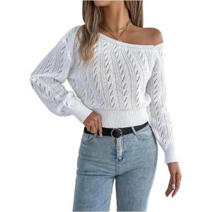 image:imageMakeMeChic Womens One Shoulder Tops Sweater Long Sleeve Lightweight Pullover Jumper TopWhite