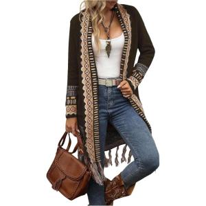 image:imageMakeMeChic Womens Open Front Long Fringe Cardigan Western Long Sleeve Boho Cardigan SweaterBlack