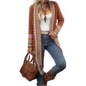 image:imageMakeMeChic Womens Open Front Long Fringe Cardigan Western Long Sleeve Boho Cardigan SweaterMulticolor