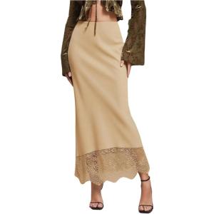 image:imageMakeMeChic Womens Satin Lace Maxi Skirt Silk High Waist Fishtail Long SkirtsApricot
