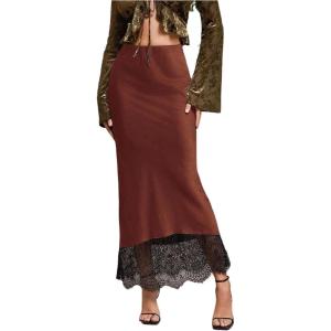 image:imageMakeMeChic Womens Satin Lace Maxi Skirt Silk High Waist Fishtail Long SkirtsRust Brown