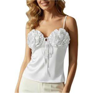 image:imageMakeMeChic Womens Satin Tank Tops 3D Floral Sleeveless Crop Tops Valentines Day OutfitWhite