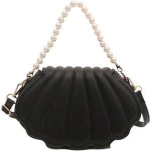 image:imageMakeMeChic Womens Seashell Shape Pearl Croccbody Handbag Leather Flap Adjustable Strap Shoulder BagBlack