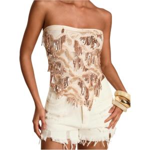image:imageMakeMeChic Womens Sparkly Sequin Tops Backless Fringe Party Beach Strapless Tube TopsApricot
