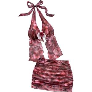 image:imageMakeMeChic Womens Summer 2 Piece Sets Mesh Open Back Halter Top Camisole Pencil Mini Skirt Set Vacation OutfitsMulticolor