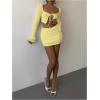 image:imageMakeMeChic Womens 2 Piece Fall Outfit Long Sleeve Crop Top and Mini Skirt Matching SetYellow