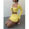 image:imageMakeMeChic Womens 2 Piece Fall Outfit Long Sleeve Crop Top and Mini Skirt Matching SetYellow