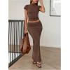 image:imageMakeMeChic Womens 2 Piece Knit Outfit Mock Neck Short Sleeve Crop Top and Maxi Skirt Matching SetBrown